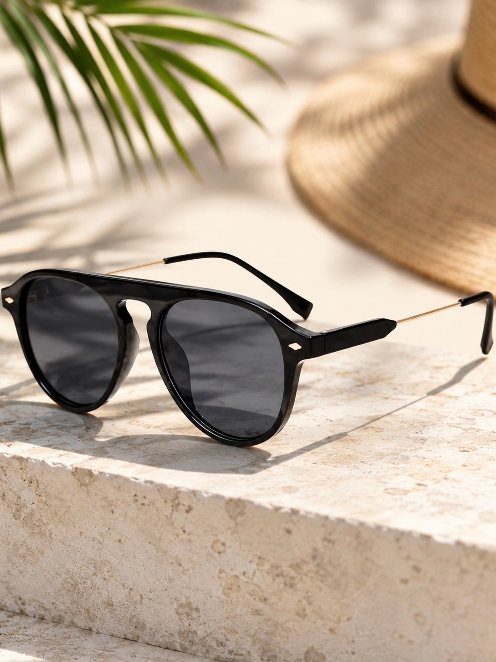 NEW Black / Gold Frames with Black Lenses Round Brow Bridge Retro Unisex Shades